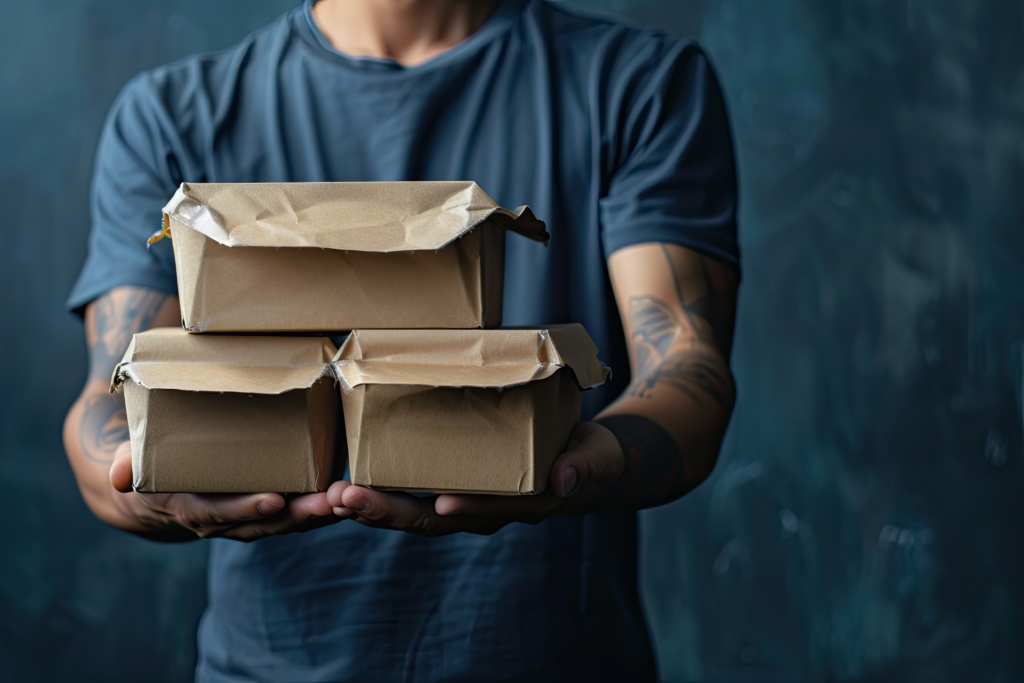 Delivery man hands giving food containers and packages.