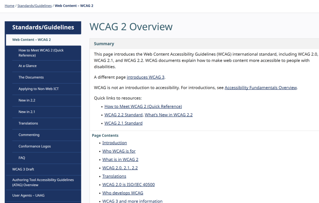 Screenshot of a webpage displaying WCAG (Web Content Accessibility Guidelines) principles. The page features a structured layout with headings, bullet points, and links that outline various accessibility standards, such as perceivable content, operable interfaces, understandable information, and robust functionality. The text emphasizes the importance of making web content accessible to all users, including those with disabilities.