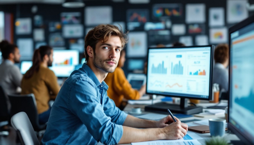 A diverse group of data analysts analyzing Black Friday sales data in a modern office setting.