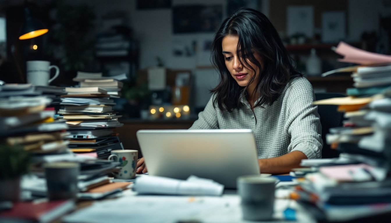 A person working at a cluttered desk on targeted marketing campaigns for a Black Friday promotion.