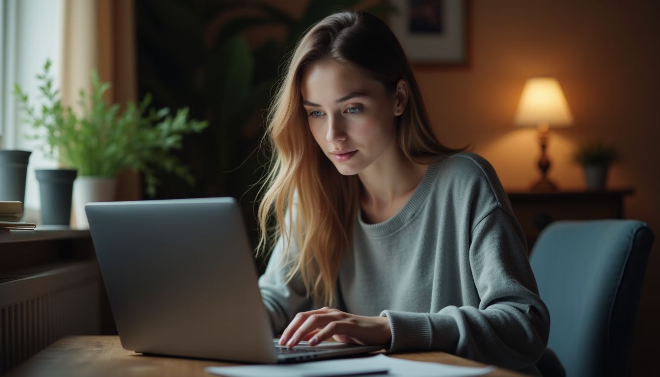 A young woman works on a user interface in her home office.