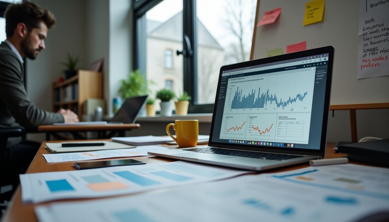 A cluttered office desk with Black Friday reports, analytics graphs, and strategic notes in a casual atmosphere.